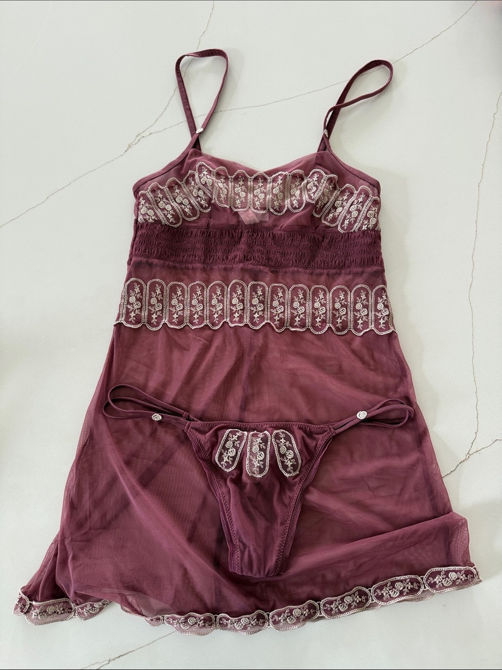 La Perla Plum Sheer Embroidered Chemise with Matching Thong